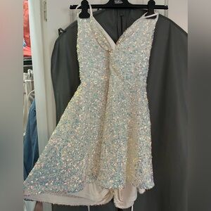 Glitter white iridescent sequin strap back romper